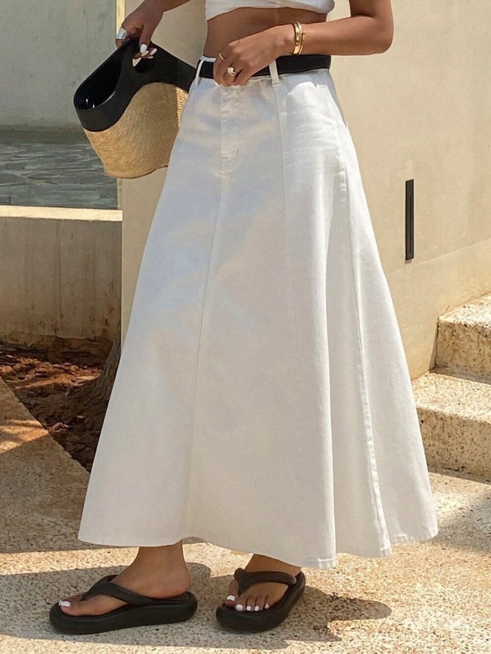 White Casual Women's Plain A-Line Denim Skirt - Picture 7 of 9